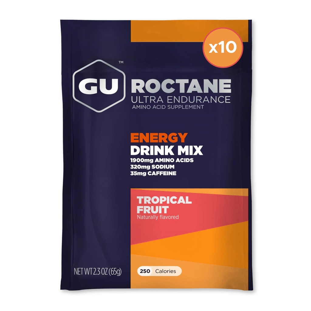 GU enerģija oktāns Ultra izturības enerģijas dzēriens Mix, Vegan, lipeklis-free, Kosher, 35mg kofeīna, un bez piena n-the-Go enerģija jebkuram treniņam, 10 viendzemdes paketes, tropu augļi