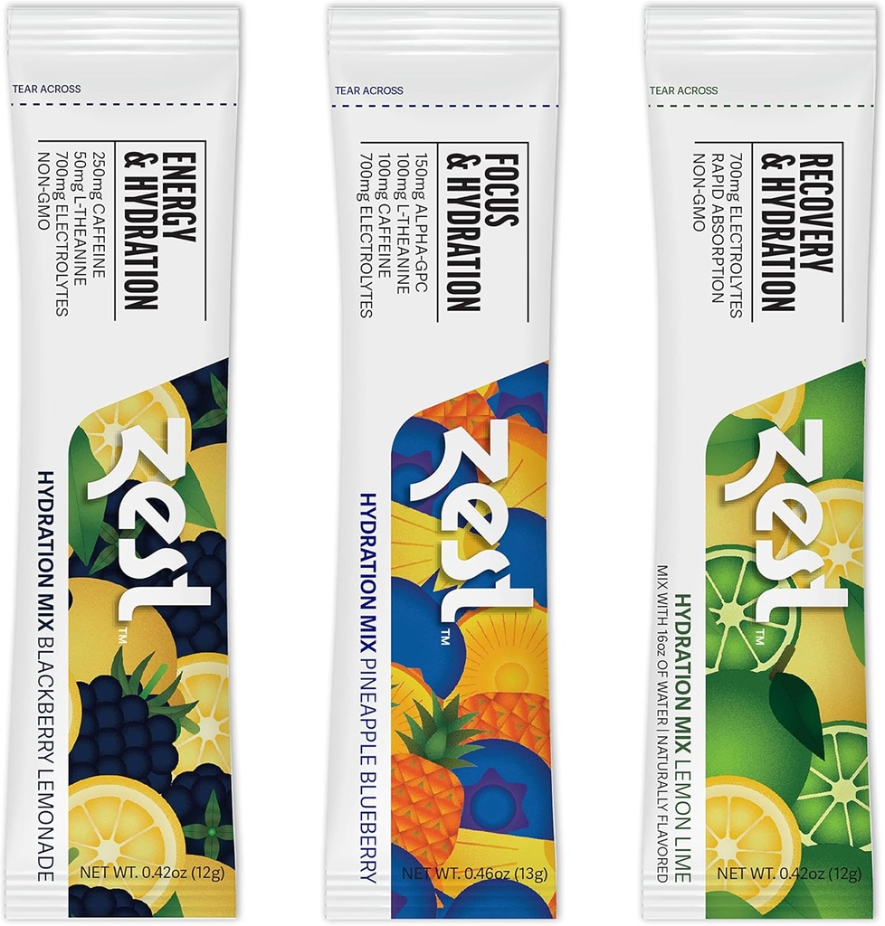 Zest Hydration Electrolyte Powder - Variety Pack - Mix w/Water - 6 Travel Packets - Zems Cukura Papildinājums - Rekuperācija, Enerģija, & Fokuss Dzērieni - IV Pillars Šķidrās Rehidrācijas, ieskaitot Sāli un Kāliju