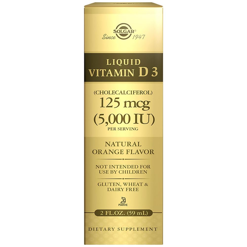 Solgar Šķidrs D3 vitamīns 125 μg (5,000 SV), 2 fl oz - Delicious, Natural Orange Flavor - palīdz uzturēt veselīgus kaulus un zobus - Imūnsistēmas atbalsts - bez lipekļa, bez piena, košera - 59 Kalpo