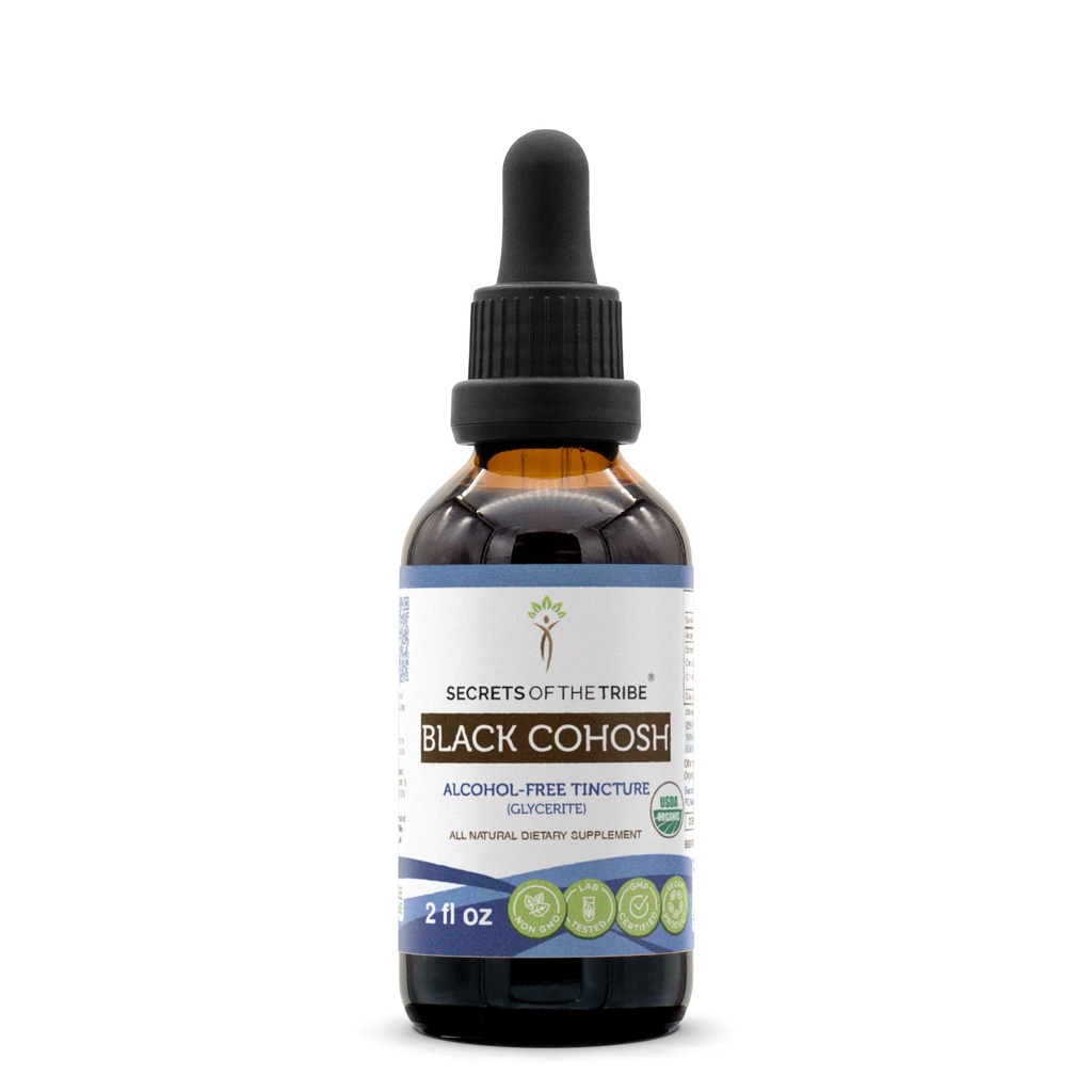 Noslēpumi no tribe Black Cohosh USDA Organic - bez alkohola ekstraktu, augstas skābes augu pilieni    ) Izgatavots no 100% Certified Organic Black Cohosh (Cimicifuga Racemosa) Kaltēts Saknes 2 oz