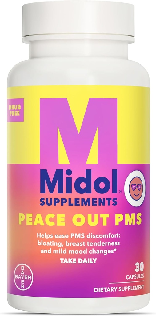 MIDOL papildinājumi Miers Out PMS, PMS atbalsta papildinājums, Formulēts ar Chasteberry, lai palīdzētu atvieglot krūts jutīgumu & vieglas koka izmaiņas, Arī ar ingvera pulveris un baldriāna ekstrakts, 30 Count