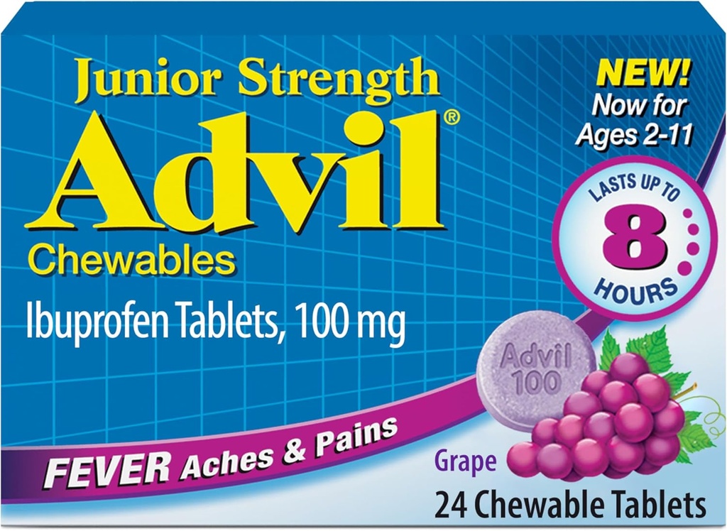 Advil Junior Strength Košļājamās Ibuprofēns Sāpes Reliver un drudzis Samazinātājs, Bērnu Ibuprofēns sāpju atvieglošanai, Vīnogu - 24 tabletes