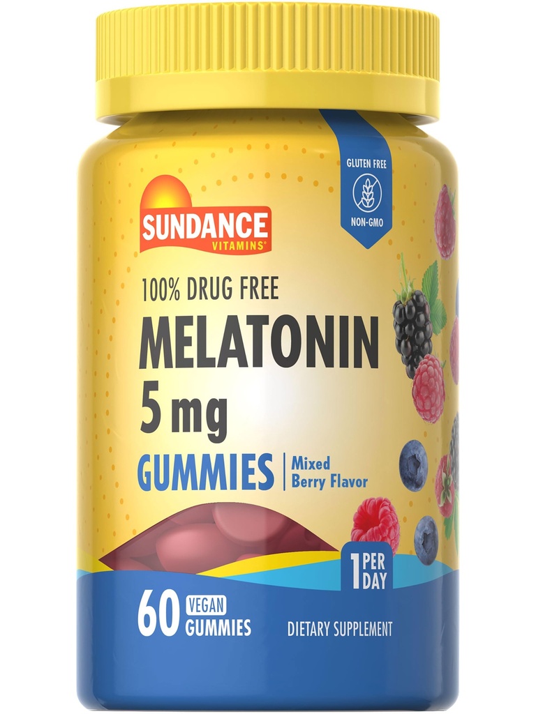 Sundance Melatonin Gummies 5mg - 60 Skaits - Jauktais Berry Flavor - Vegan, Bez GMO un lipekļa Papildinājums pieaugušajiem