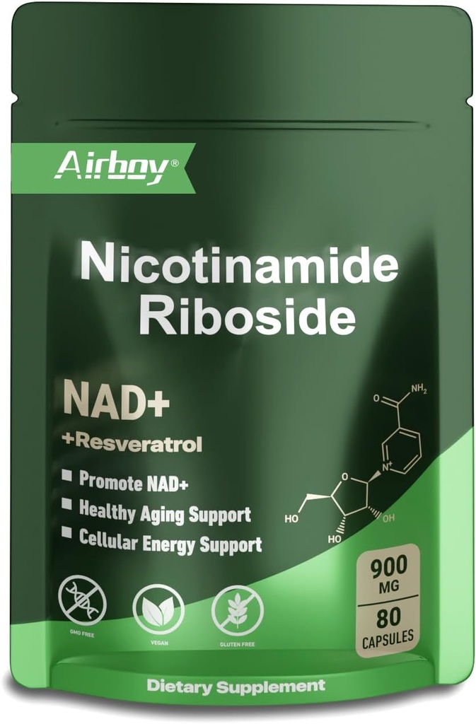 Airboy NAD papildinājums ar nikotīnamīdu Riboside Resveratrol & Quercetin 900 mg, NMNH alternatīva vīriešiem un sievietēm Atbalsts pretnovecošanās, enerģija, Focus - 80 kapsulas