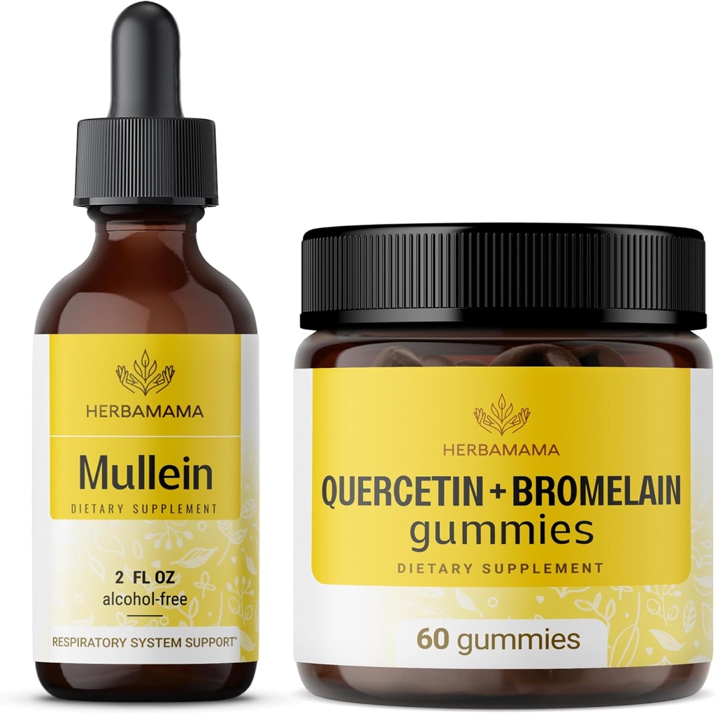 HERBAMAMA Mullein Leaf ekstrakts un Quercetin Gummies Kit - Mullein Leaf paka 2 fl oz un 800 mg Quercetin ar Bromelain Gumies - Vegan, Non-GMO, Alcohol-free - 2 iepakojumi