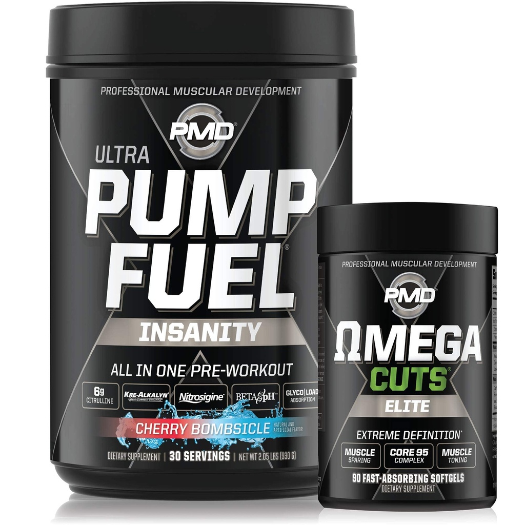 PMD Sports Ultra Pump Fuel Insanity - Pre Workout - Ķiršu bumbas (30 Kalpojumi) Sports Omega Cuts Elite Termogenic Fat Burner (90 softgels)