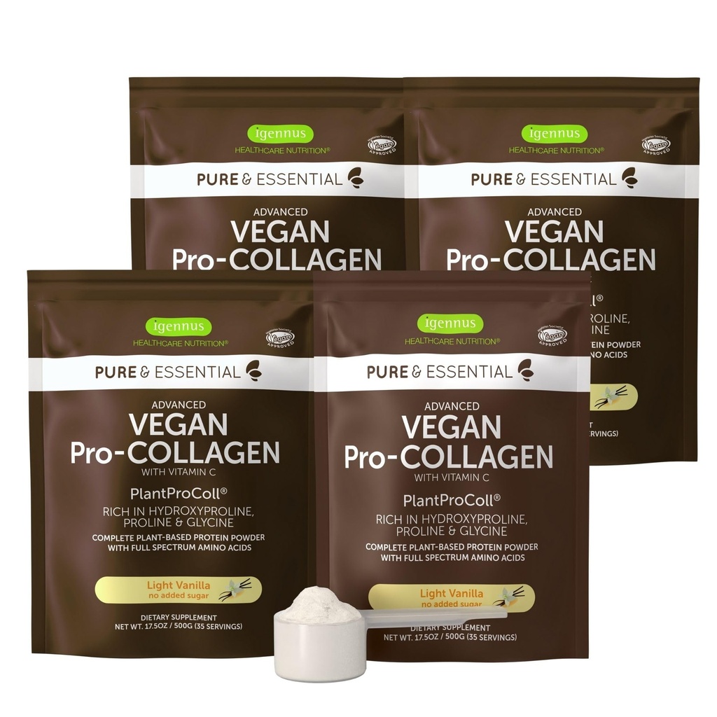 Igennus Advanced Vegan Vanilla kolagēna peptīda pulveris, uzlabots ar glicīnu, prolīnu un hidroksiprolīnu & kofaktoru C vitamīns, ne ĢMO, veģetārs augu bāzes kolagēna pulvera pastiprinātājs, 140 Servējumi