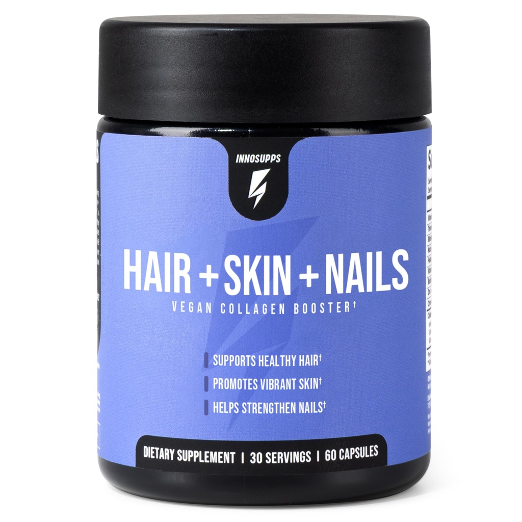 InnoSupps Matu + ādas + nagus papildinājums     ) Vegan kolagēns Booster   ) Biotīns , B12, Zirgu astes Herb pulveris ) Stimulēt matu augšanu, revitalizēt ādu, stiprināt nagus ) 60 kapsulas