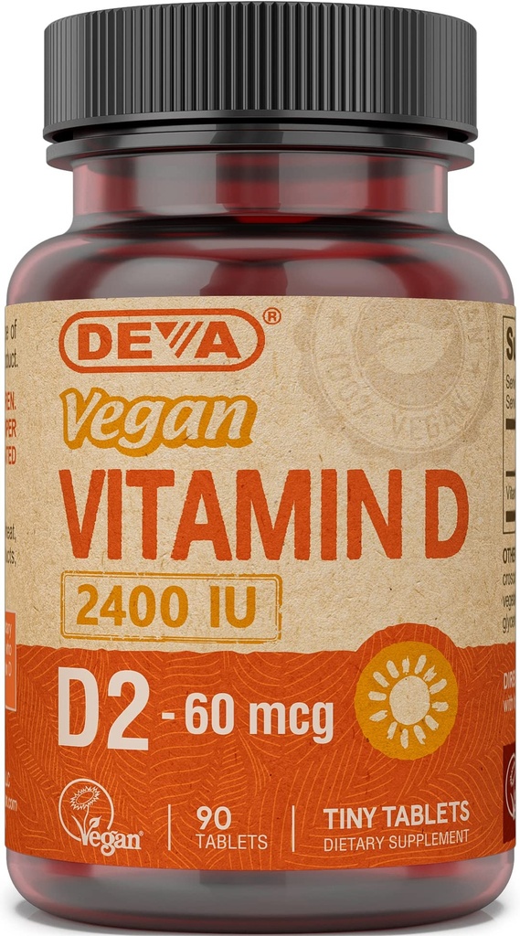 DEVA Vegan D2 vitamīns 60 μg 2400 SV, Ergokalciferola Papildinājums bez dzīvnieku izcelsmes sastāvdaļām, 90 tabletes, 1- iepakojums