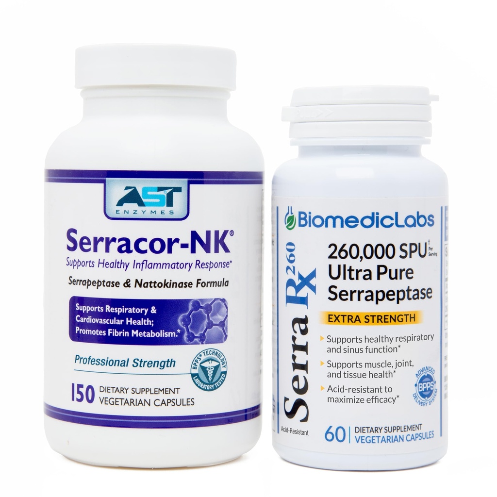 Serracor- NK & Serra- RX 260 000 SU - Rēta audu paka (150 kapsulas un 60 kapsulas) - Serrapeptāzes skābā proteolītiskā sistēmiskā enzīma, elpošanas un plaušu balsts