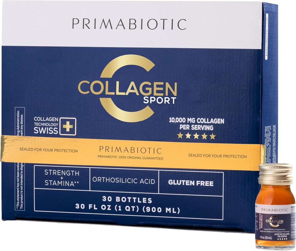 PRIMABIOTIC šķidrā kolagēna Sport- augsts kolagēna saturs [10,000 Mg] Per Servē - Hidrolizēts kolagēna dzēriens un 12 Vitamīni Ortosilīcijskābe      ) Palīdz kaulu veselībai, matiem, nagiem (30 pudeles x 30 ML)