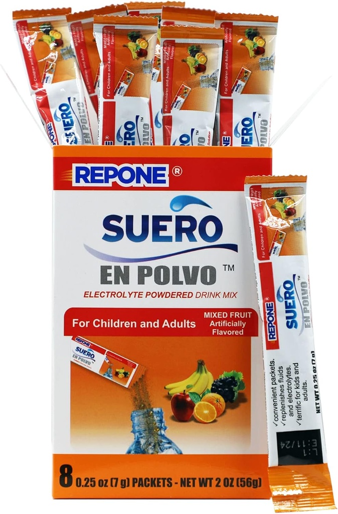 REPONE SUERO Elektrolītu pulvera šķīdums Fruit Flavor, 8 Oz paketes, 1 iepakojums ar 8 iepakojumiem.