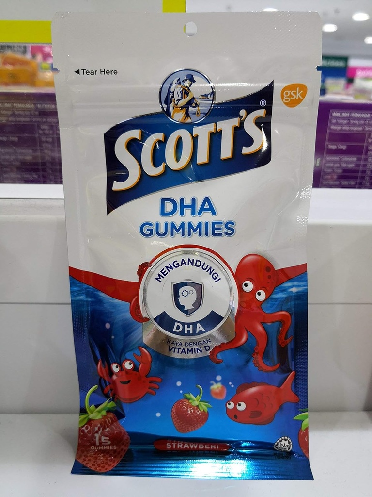 Scott's DHA Gummies,Strawberry Flavour, 15s,Vitamin D,Essential veselīgai izaugsmei un attīstībai bērniem un veselīgas imūnās funkcijas.