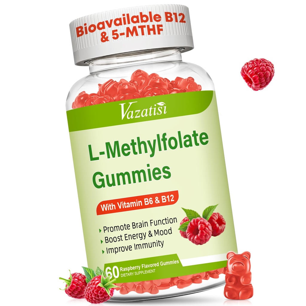 L-metilfolāts 15 mg Gumijas ar metil-B12, Folāta Papildinājums Mood, smadzeņu veselība, Imūnsupport, Aveņu Flavor, 60 Skaits