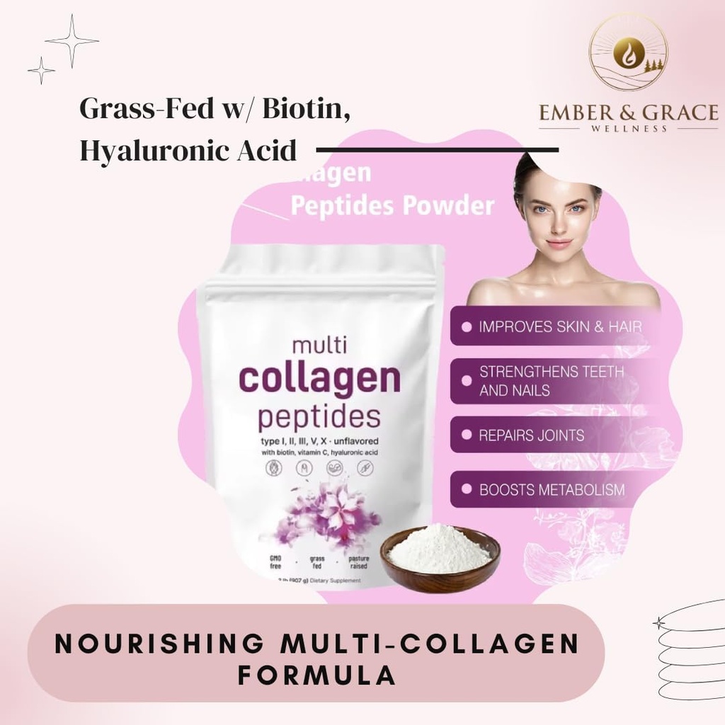 Ember & Grace Wellness Multi Collagen Protein Pulveris – tips I,II,III,V,X ar Biotin, Hyaluronic Acid, vitamīns C – Neuzliesmojošs kolagēna peptīdi – Keto & Paleo Draudzīgi, viegli izšķīdina, ne-GMO