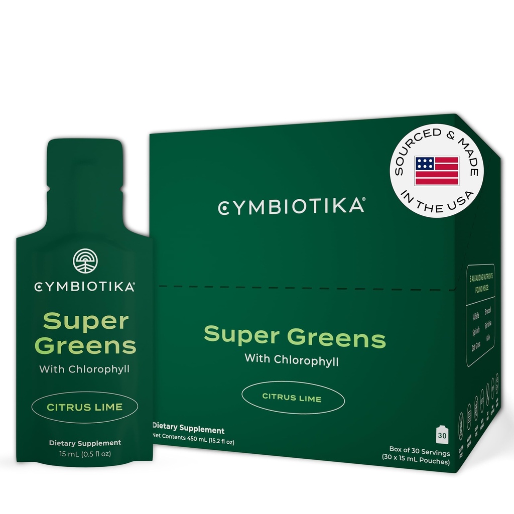 CYMBIOTIKA Super Greens papildinājums ar hlorofilu, Spirulīnu, dienas Vegan Superfood paketēm gremošanas Gut veselībai, detoksu, enerģiju un imunitāti, Citrus Lime Flavor, 15 ml maisiņi, 30 iepakojums