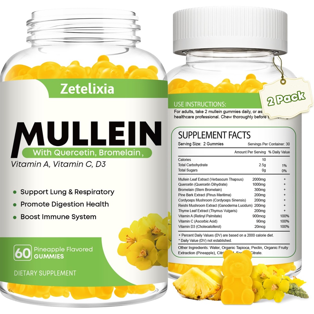 Mullein Gummies for Clear Lungs, 10 in 1 Mullein Leaf Extract for Lungs, Mullein Quercetin Gummies for Lung Cleanse, Respirator, Imunic, Ananass Flavor, 120 Count