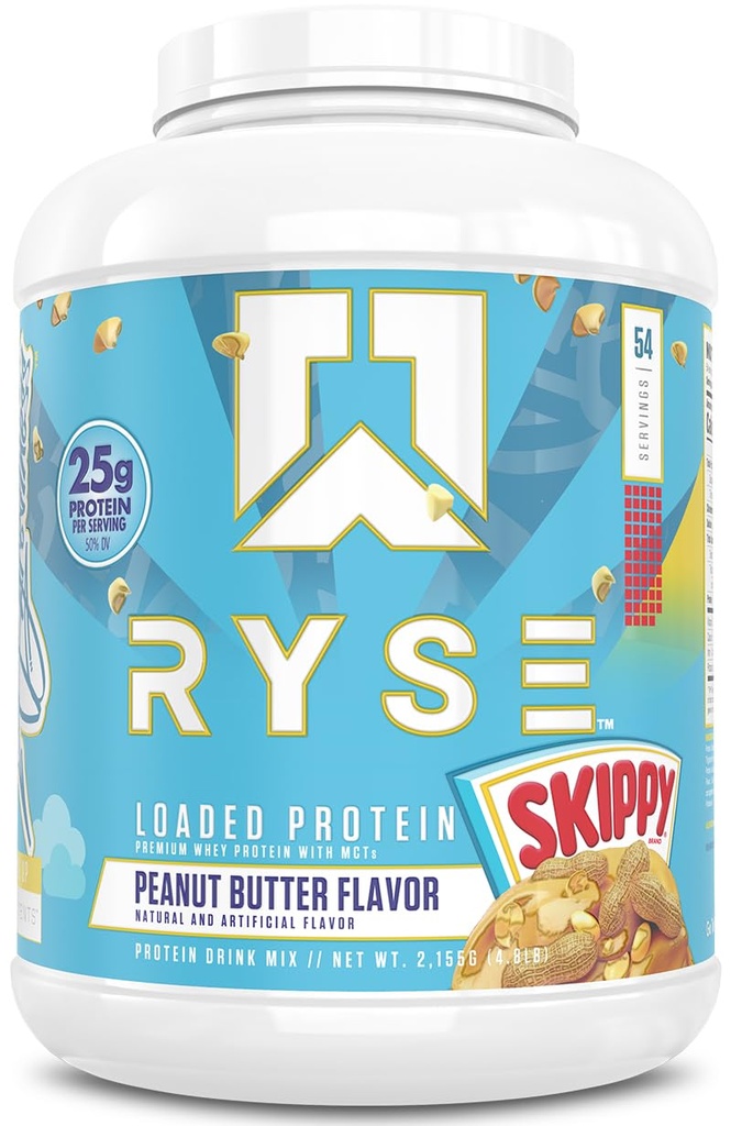 RYSE ielādēts olbaltumvielu pulveris - Skippy Peanut sviests - 25g Sūkalu proteīna Izolāts un koncentrāts ar prebiotisko šķiedru un MCT - ar zemu ogļhidrātu, zems cukura, gremošanas-draudzīgi - 54 Servējumi / 4 lb Tub