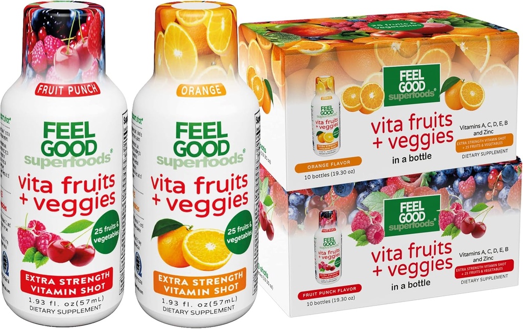 Jūtieties labi Superfoods Vita Augļi un Veggies Imūns atbalsts Shot bagātinātāji, 25 Organic Augļi un Veggies, Gatavs dzert Immunity Booster, 10 Orange un 10 Augļu Punch Flavor, Combo Pack 20