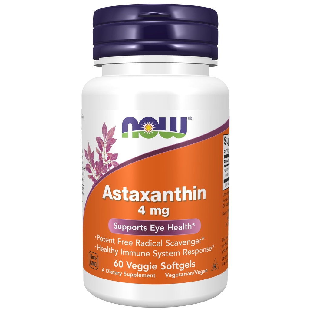 NOW uztura bagātinātāji, astaksantīns 4 mg, iezīmes Zanthin®, atbalsta acu veselību*, 60 Veg Softgels