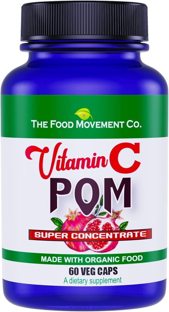 Pārtikas kustība C vitamīns Pom - granātābolu superpārtikas koncentrāts Kombinācijā ar 100% augu bāzes C vitamīnu no Organic Acerola Cherry un Camu Camu- Vegan - bez glutēna - 60 kapsulas