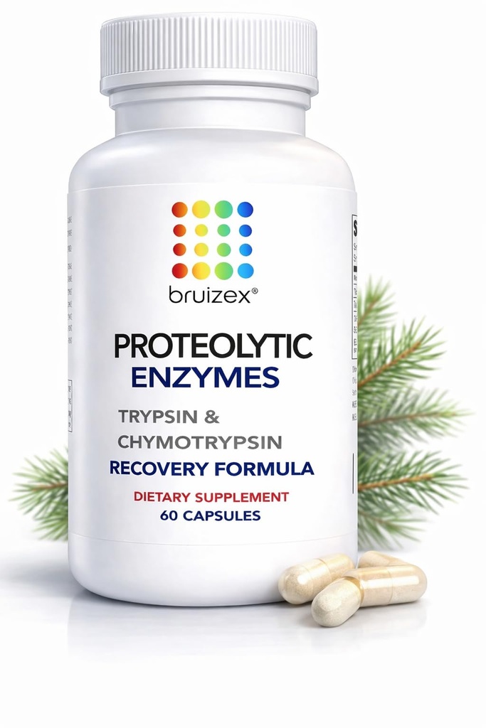 Bruizex Proteolītiskie enzīmi; Trypsin & Chymotrypsin Recovery Papildinājums audu trauma, zilumu, pietūkums; Imūnās sistēmas atbalsts; 60 kapsulas