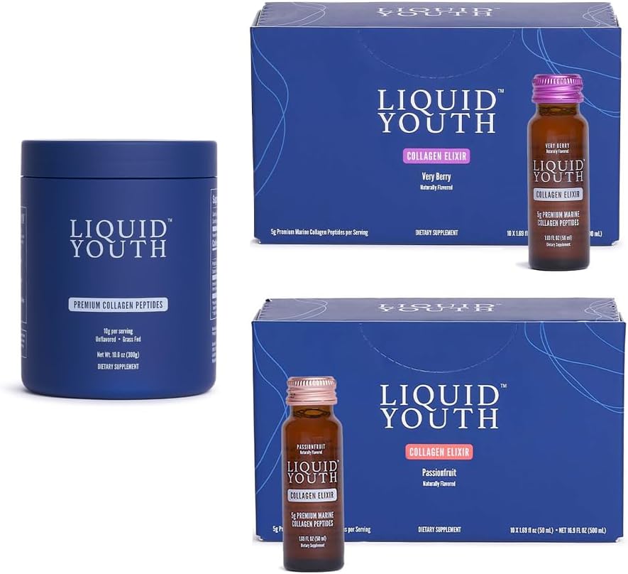 Kolagēna peptīdi Pulveris un šķidrais kolagēns Elixir šāvieni sievietēm un vīriešiem - I un III tipa Premium ar zāles baroti liellopi un jūras kolagēns - veicina matu augšanu, ādu, nagus, kaulu un locītavu veselību (50 Kalpo)