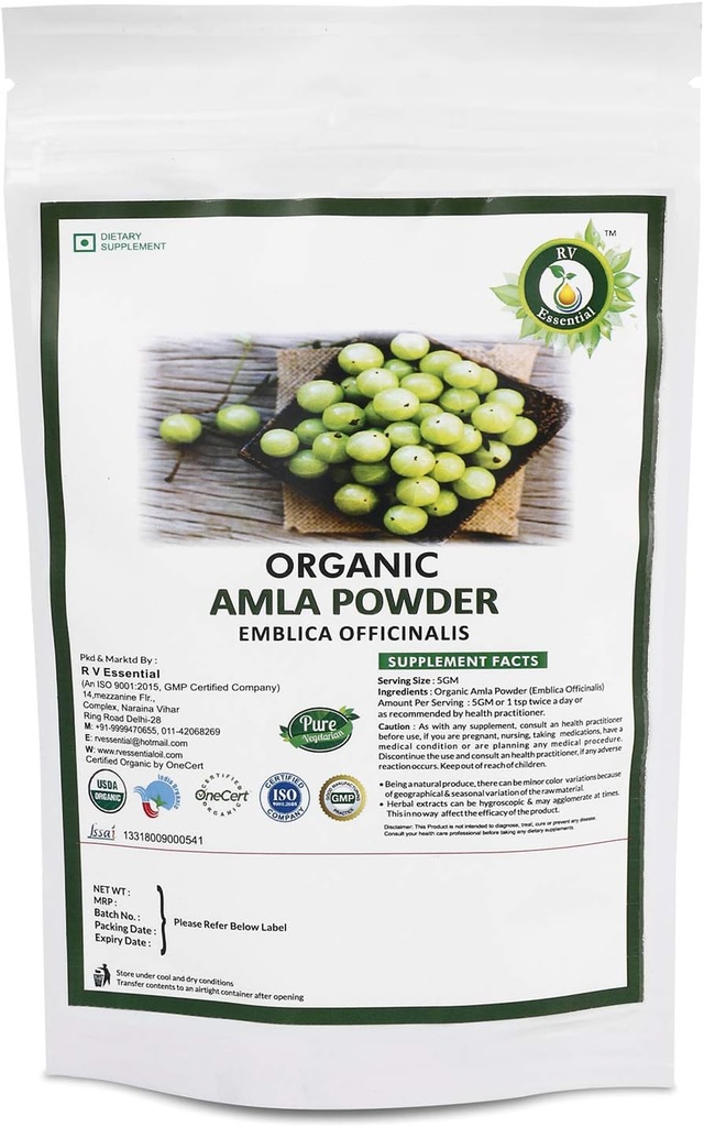 R V Essential Organic Amla pulveris 100gm/ 3.53oz/ 0.22lb- Emblica Officinalis Amla augļu pulveris matiem USDA Organic Sertificēts Ayurvedic Herbal papildinājums rezējama un atkārtoti lietojams Zip Lock Pouch