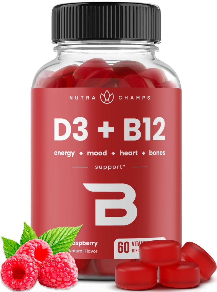 NutraChamps vitamīns D3 & B12, Metil B12 Gumijas pieaugušajiem un bērniem, uzlabots ar vitamīnu D 3 & B9 Vitamīnu Folāts, Dabas enerģija, Mood, Metabolisms un Fokuss, Avenes, 60 Gumijas