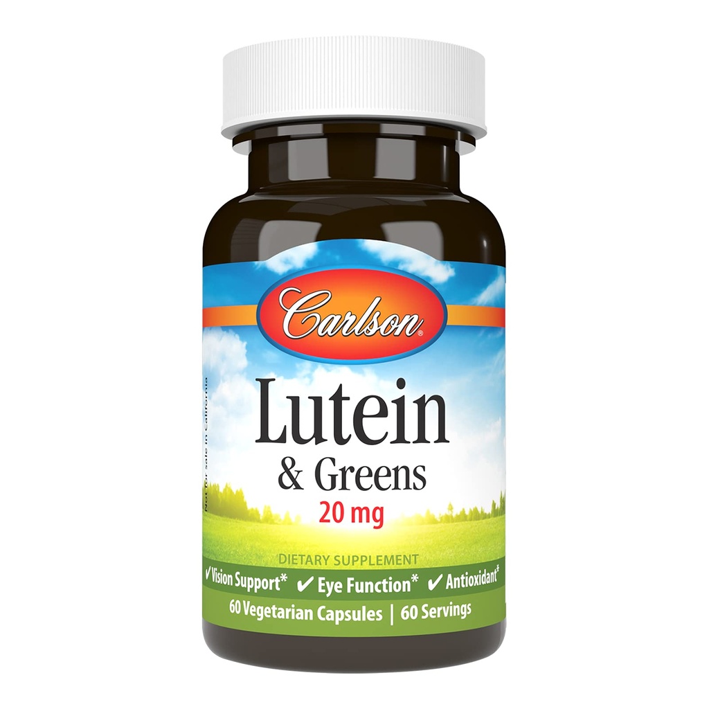 Carlson - Lutein & Greens, 20 mg, Vision Support & Acu funkcija, Antioksidants, 60 Veģetārās kapsulas