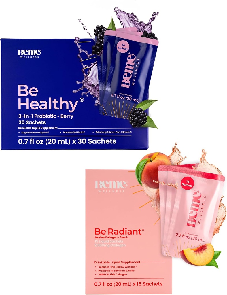 BeMe BeHealthy & BeRadiant Peach Bandle - šķidri probiotikas un šķidrā kolagēna dzērienu piedevas