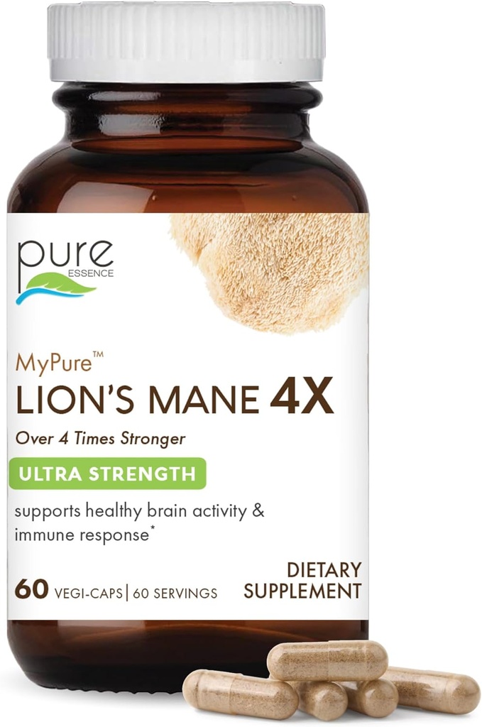 PURE ESSENCE LABS MyPure Lion's Mane 4X - Ultra Strength Smadzeņu atbalsts Papildinājums ar 6:1 Karstā ūdens ekstrakts & 10:1 Izraksts kognitīvajai veselībai, Focus, Memory & Garīgā skaidrība, 60 kapsulas
