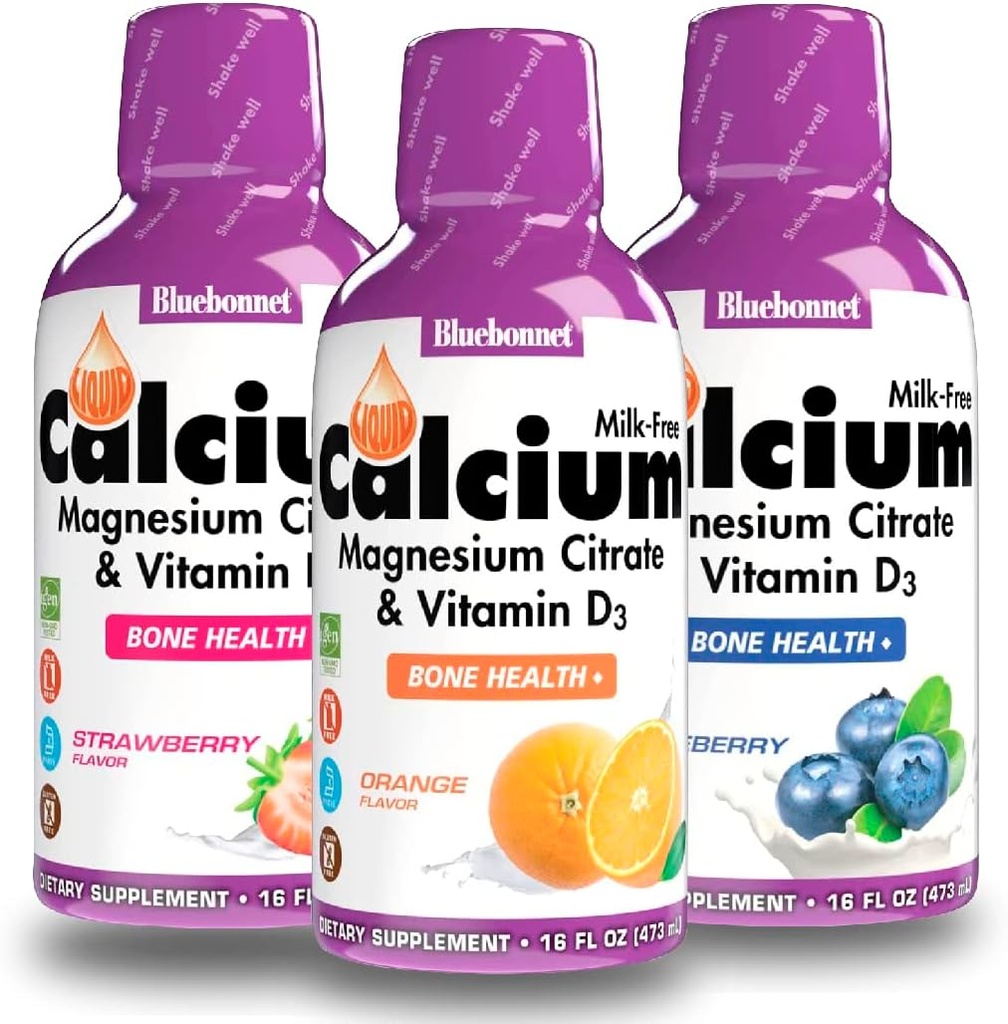 Bluebonnet šķidrs kalcija citrāts Magnija citrāts, D3 vitamīns Orange, melleņu un zemeņu maisījums, 3 pudeles ar 16 Fl Oz katrā (48 Fl Oz kopā)
