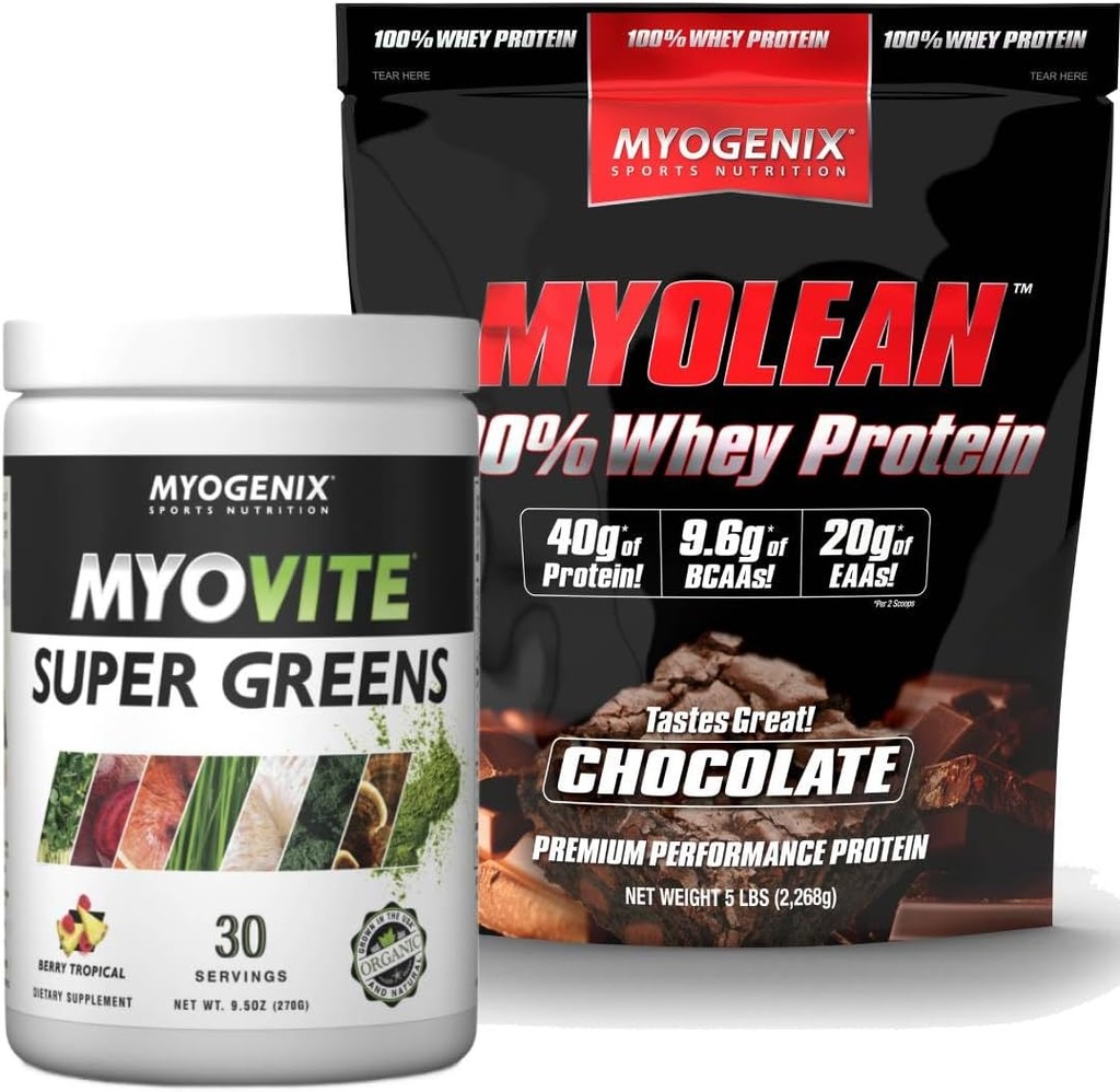 Myogenix Myovite Supergreens pulveris un mioleānu šokolāde sūkalu proteīns Bandle – Gremošana, immunitāte & 40g High-proteīna sūkalu – Atbalsts Gut Veselība, Muskuļu augšanu un atveseļošanos