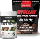 Myogenix Myovite Supergreens pulveris un mioleānu šokolāde sūkalu proteīns Bandle – Gremošana, immunitāte & 40g High-proteīna sūkalu – Atbalsts Gut Veselība, Muskuļu augšanu un atveseļošanos