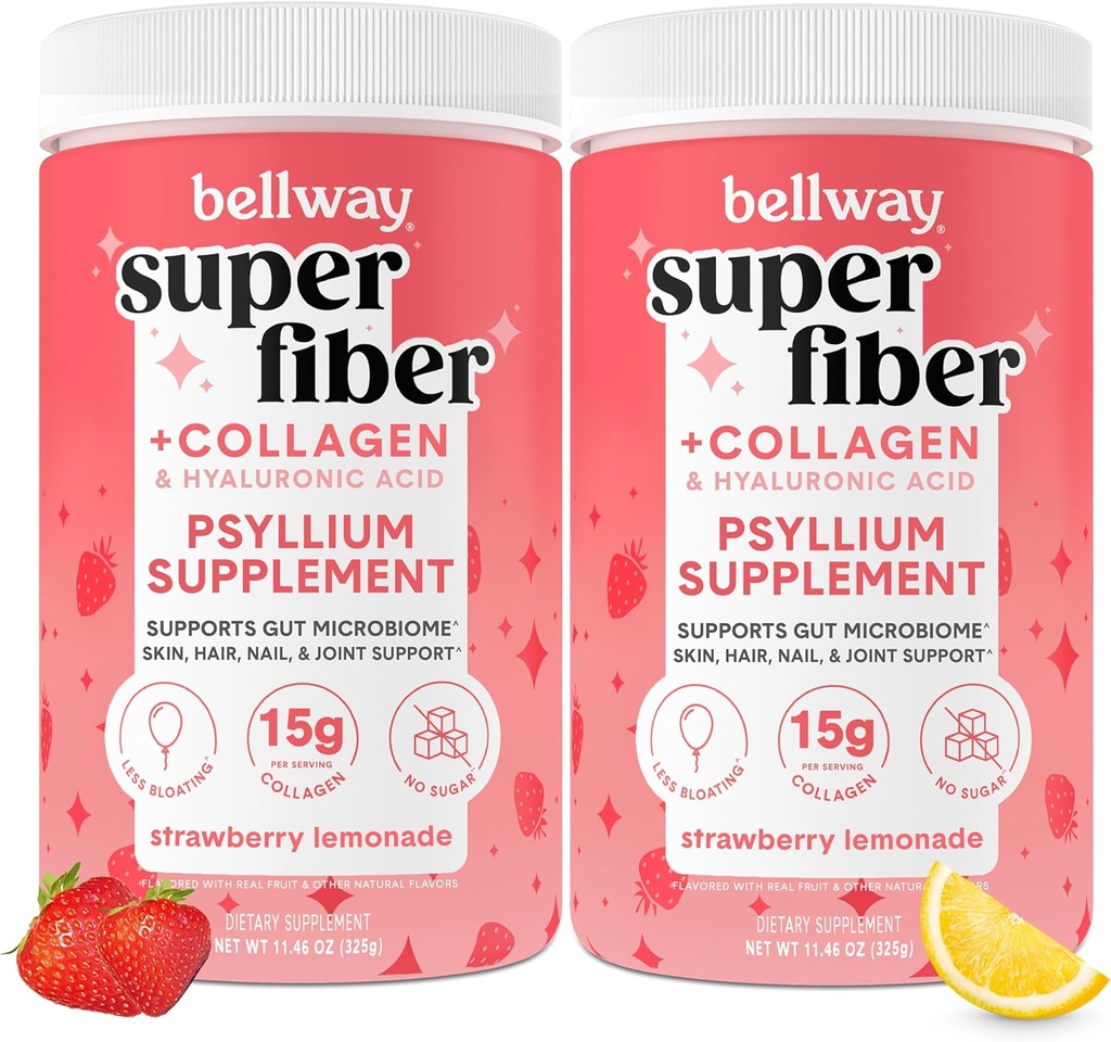 Bellway Super Fiber pulveris + kolagēns (2 iepakojums), bezcukura Psyllium Husk Pulveris ar kolagēna peptīdiem zarnu veselībai, vesela āda, naglas, kauli un locītavas, zemeņu citronāde (22,92 oz)