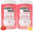 Bellway Super Fiber pulveris + kolagēns (2 iepakojums), bezcukura Psyllium Husk Pulveris ar kolagēna peptīdiem zarnu veselībai, vesela āda, naglas, kauli un locītavas, zemeņu citronāde (22,92 oz)