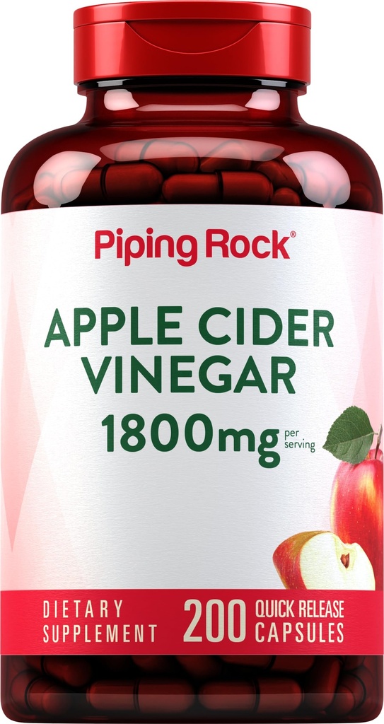 Piping Rock Apple Sidra Etiķis Kapsulas 1800 mg    - 200 Tabletes - Izteikta formula - ACV papildinājums vīriešiem un sievietēm - Ne-GMO, bez lipekļa