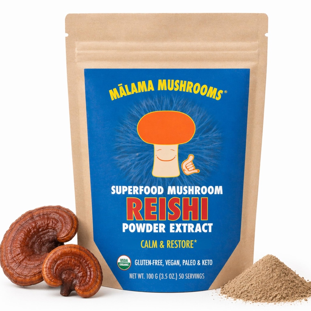 Malama Organic Reishi Sēņu pulveris, Pure Fruiting Body Extract, Adaptogenic Superfood for Immune Support and Wellness 100 Serves