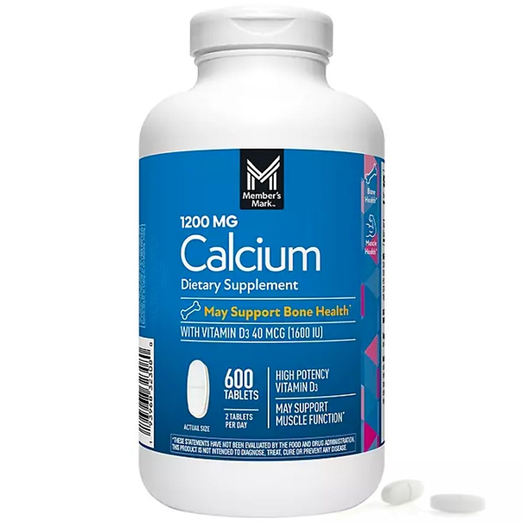 Members Mark Kalcijs ar D3 vitamīna tabletēm, 600 - Atbalsta kaulu un muskuļu veselību - augstas koncentrācijas kalcija 1200 mg un vitamīna D3 40 μg