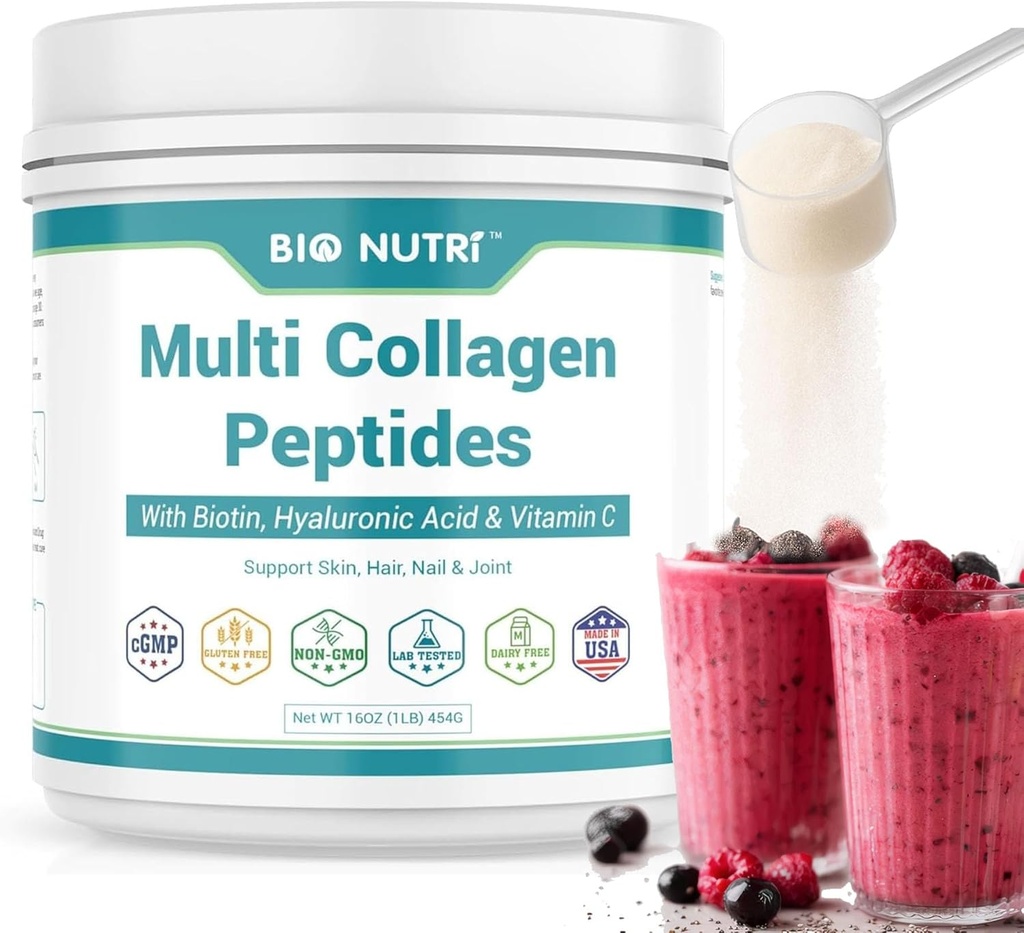 BIO NUTRI kolagēna peptīdu pūderis Daudzveidīgs (I, II, III, V, X) ar biotīnu un hialuronskābi matiem, ādai, nagiem un locītavām, nepārklāts, 16oz