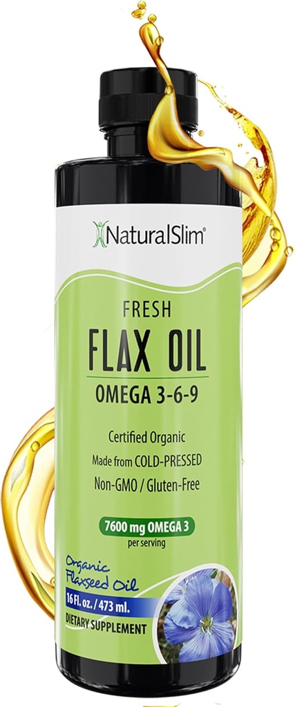 DabasSlim Linsēklu eļļa Šķidra svaiga garša Linu eļļa Organiska aukstā presēta un augsta omega 3 6 9 Taukskābju Linu sēklu papildinājums veselām šūnām, matiem, ādai, un nagiem - svaiga garša 16 fl. Oz.