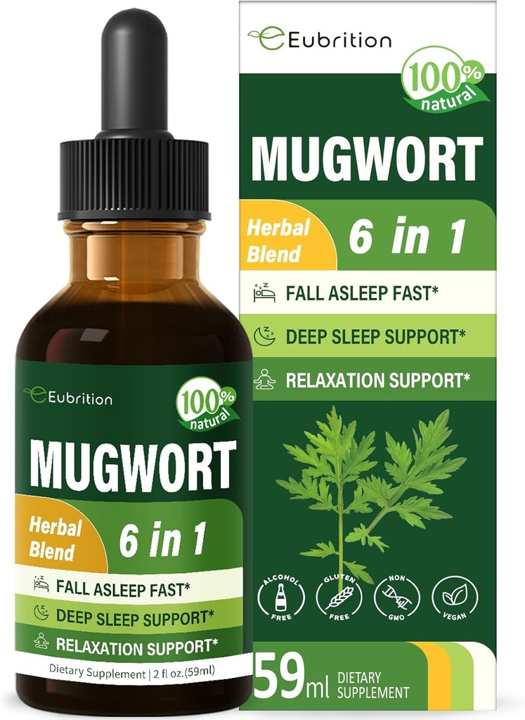Mugwort Herb Šķidrie pilieni miega atbalstam, Mugwort Leaves (Artemisia vulgaris) Visi 1 Formula relaksācijas atbalstam, Herbal Papildinājums ar Valerian Chamomile Tulsi Lavender Extract.2oz