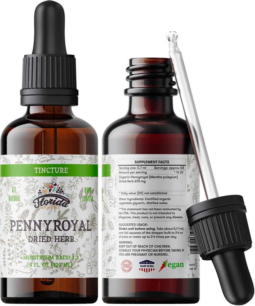 Pennyroyal Tincture, Organic Pennyroyal Extract (Menta pulegium) Kaltēts garšaugs, ne-ĢMO auksti presētā organiskā augu glicerīna 2oz, 670 mg