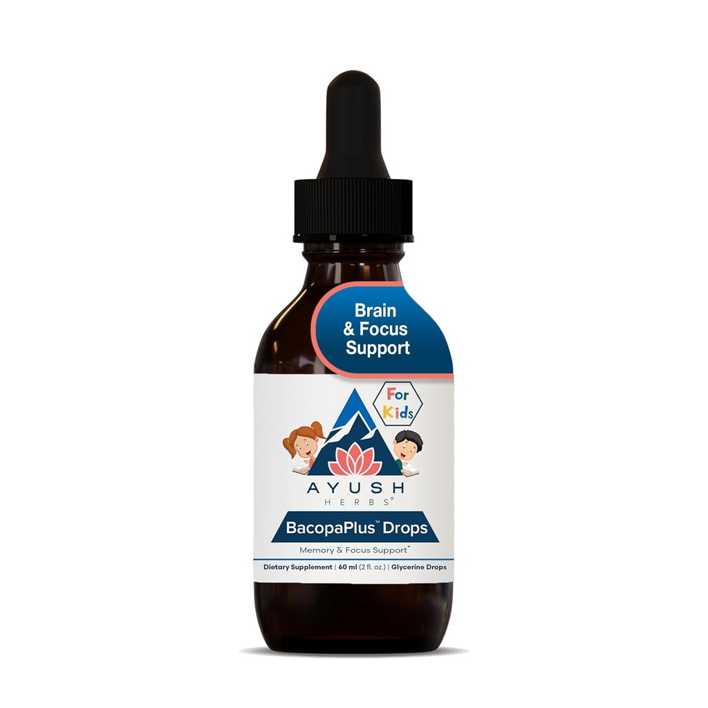 Ayush Herbs BacopaPlus Pilieni bērniem - Bērni Fokuss un Uzmanības Papildinājums ar Bacopa, Ashwagandha, Ginkgo, Atbalsts smadzeņu un atmiņas, Organic Sastāvdaļas - 2 Fl Oz (80 Servē)