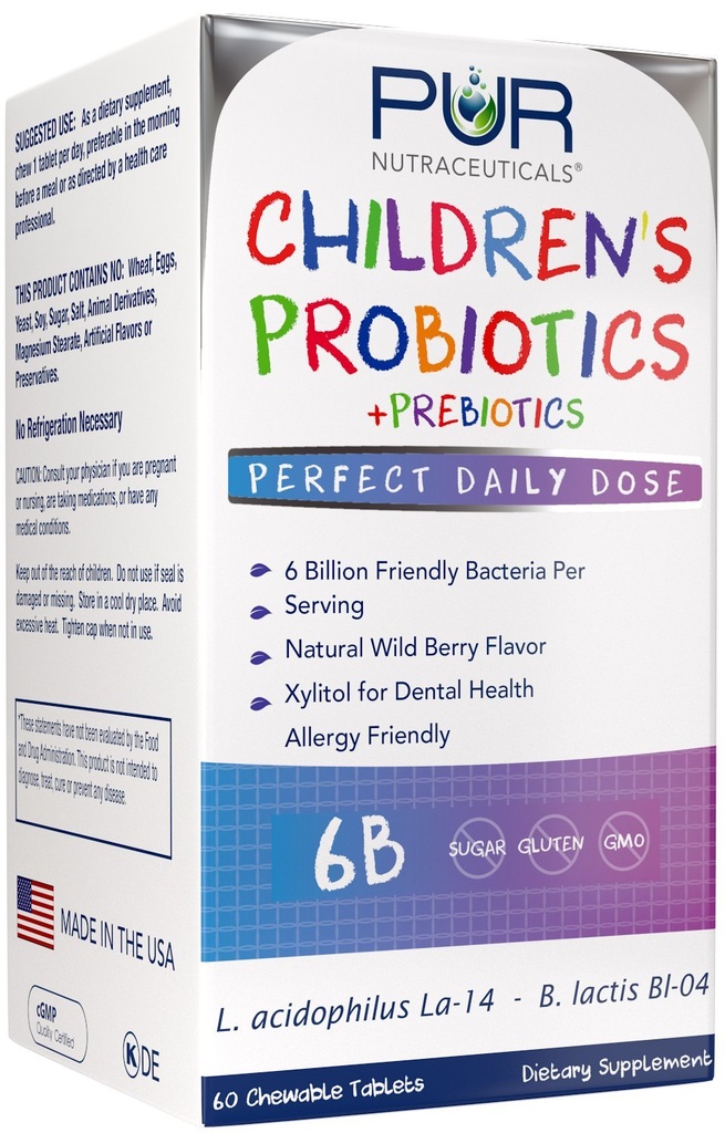 Bērnu probiotikas + Prebiotikas * 6 miljardi KVV/Serving * 60 košļājamās tabletes * 2 mēnešu piegādes * ar prebiotikām Sunfiber® & FOS 10X lielāka efektivitāte * 100% visas dabīgās * Ražots ASV