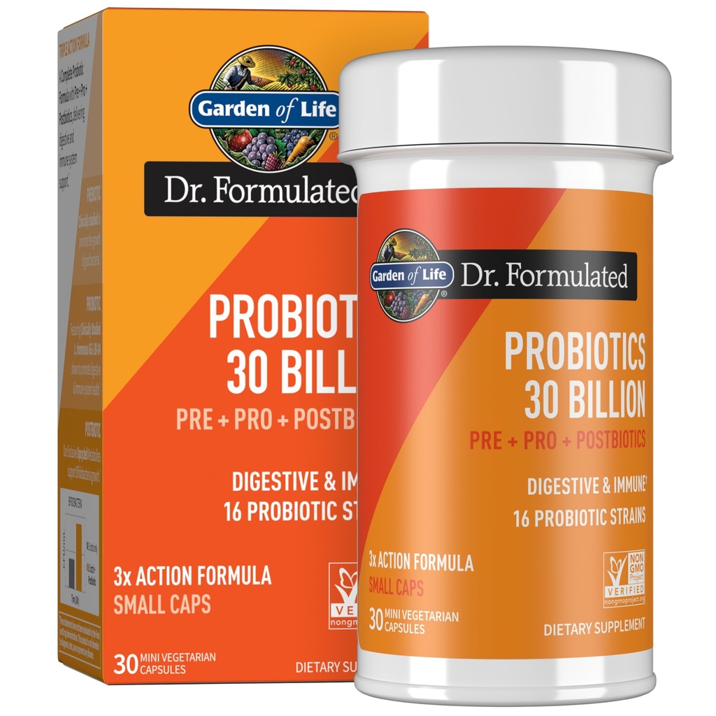 Dzīvības dārzs Dr Formulēts reizi dienā 3- in-1 Complete Probiotics, Prebiotics & Postbiotics - PRE + PRO + POSTBIOTIC Papildinājums pieaugušo gremošanas un imūnās veselības, 30 miljardu KVV, 30 dienu piegādes