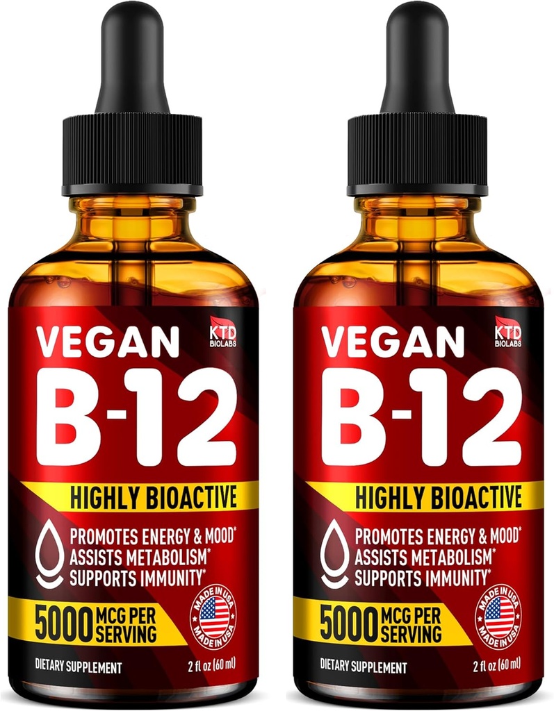 Iepakojumā 2 - B12 Sublingual 5000 mcg pilieni - Ražots ASV - Vegan B12 Vitamīni enerģijai, garastāvoklim un atmiņai - Viegli biopieejami sublingual pilieni - Metilkobalamīns sievietēm un vīriešiem - 2 fl. oz.