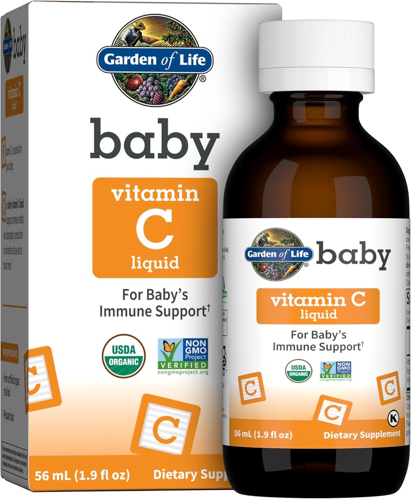 Dzīvības dārzs Baby Vitamīnu C pilieni zīdaiņiem un toddlers, Organisks Viss pārtikas šķidrums Vitamīns C 45mg Imūnatbalsts zīdaiņiem no Amla Fruit, Citrus Flavor, Vegan & Gluten Free, 56 ml (1,9 fl oz)