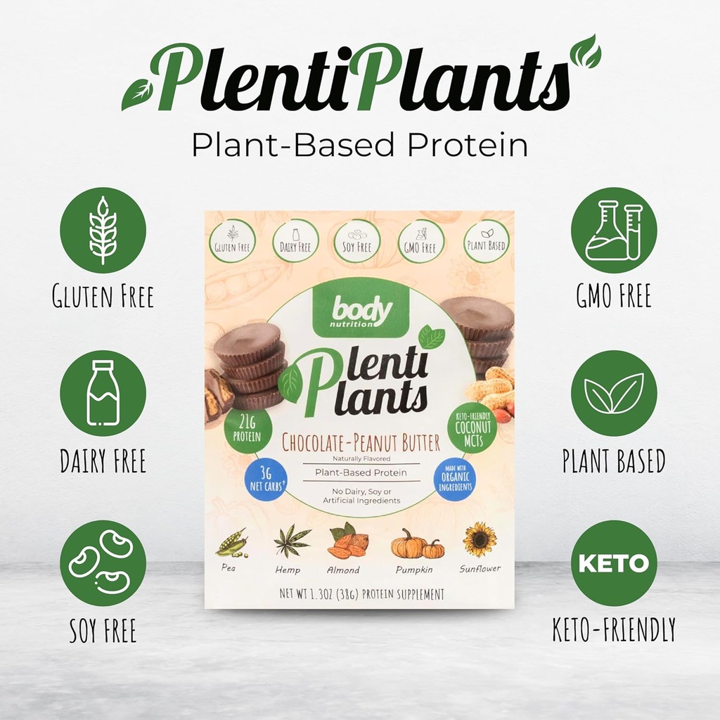 Body Nutrition PlentiAugi Augu bāzes proteīna pulveris, bez piena olbaltumvielas bez sojas vai mākslīgām sastāvdaļām, dabiski aromatizēts Organic Plant Protein Shake, Šokolādes Peanut sviests, 38 g